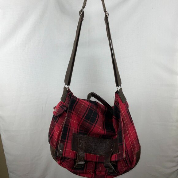 American Eagle Outfitters Red Plaid Canvas Duffel Bag - Picture 1 of 12